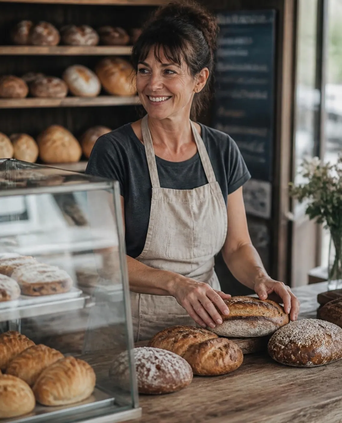 A neighbourhood bakery owner smiling behind her counter of fresh bread.
