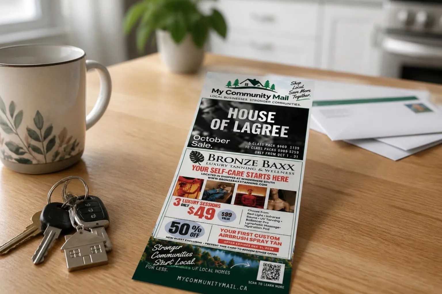 A My Community Mail mailer on a kitchen counter beside a coffee mug and house keys.