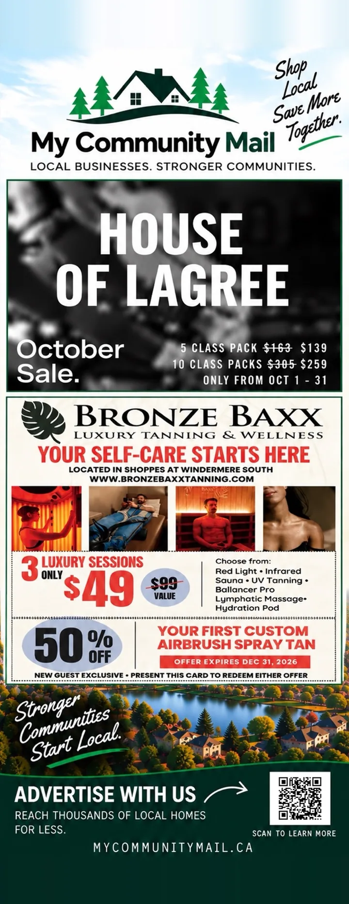 Front of a My Community Mail mailer: the My Community Mail header, two large premium ads, and an Advertise With Us panel with a QR code.